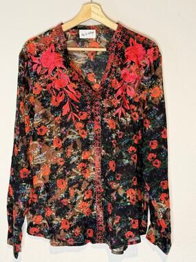Vintage The Nu Vintage Sheer Floral Mesh Blouse Embroidered Boho Top Sz L